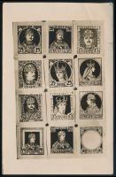 1916 Szege Sándor szobrászművész 12 db Károly és Zita bélyegtervének nyomdai fotói képeslap kartonon