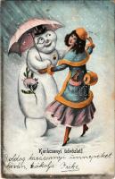 1903 Karácsonyi üdvözlet / Christmas greeeting art postcard, snowman dancing with lady. H.G.C. (kopott sarkak / worn corners)