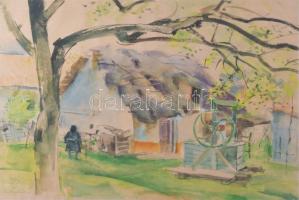 Farkas András (1920-1991): Bakópusztai udvar. Akvarell, papír, jelezve balra lent. Üvegezett fakeretben. 30x43 cm.