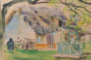 Farkas András (1920-1991): Bakópusztai udvar. Akvarell, papír, jelezve balra lent. Üvegezett fakeret...