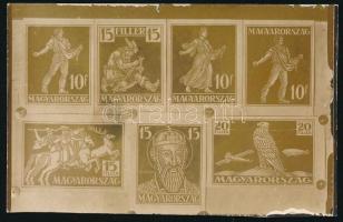 1925 Szege Sándor szobrászművész 7 db forgalmi bélyegtervének kisméretű nyomdai fotója képeslap kartonon