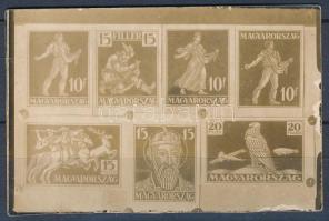 1925 Szege Sándor szobrászművész 7 db forgalmi bélyegtervének kisméretű nyomdai fotója képeslap kartonon