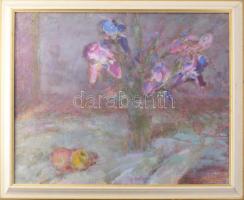 Meggyes László (1928-2003): Íriszek. Olaj, farost jelzett, hátoldalán autográf felirattal, 50×60 cm. Üvegezett keretben.