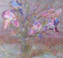 Meggyes László (1928-2003): Íriszek. Olaj, farost jelzett, hátoldalán autográf felirattal, 50×60 cm....