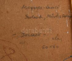 Meggyes László (1928-2003): Íriszek. Olaj, farost jelzett, hátoldalán autográf felirattal, 50×60 cm....