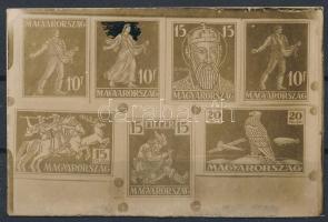 1925 Szege Sándor szobrászművész 7 db forgalmi bélyegtervének kisméretű nyomdai fotója képeslap kartonon