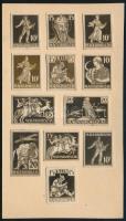 1925 Szege Sándor szobrászművész 12 db forgalmi bélyegtervének kisméretű nyomdai fotója képeslap kartonon