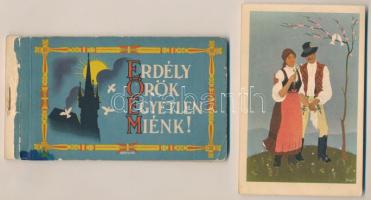 Erdély Örök Egyetlen Miénk! - 16 db régi, részben sérült erdélyi irredenta művészlap egy sérült képeslapfüzetben Gebhardt és Szilágyi aláírásaival. Kiadja a Székely Egyetemi és Főiskolai Hallgatók Egyesülete, Klösz Coloroffset Budapest / Damaged postcard booklet with 16 pre-1945 damaged Transylvanian irredenta art postcards with the signatures of Gebhardt and Szilágyi