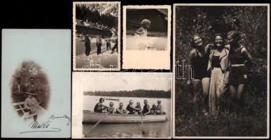 1904-1944 Nyaralós, csónakázós, illetve síelős képek, 5 db fotó, 8x6 cm és 17,5x12,5 cm között