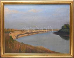 Basch Edit (1895-1980): Folyópart. Olaj, vászon, jelzés nélkül. Hátoldalán Új Magyar Képtár raglapjával. Dekoratív, kissé kopott fakeretben. 50x65,5 cm