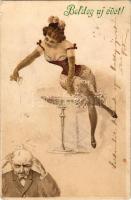 1908 Boldog Újévet / New Year greeting art postcard, lady with champagne, humour. litho (Rb)