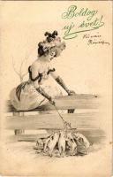 1908 Boldog Újévet / New Year greeting art postcard, lady with pigs. litho (tűnyomok / pin marks)