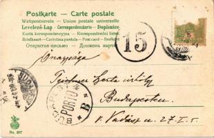 1908 Boldog Újévet / New Year greeting art postcard, lady with pigs. litho (tűnyomok / pin marks)