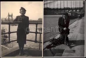 1939 Hölgy a pesti rakparton, háttérben a Dunával és a régi Erzsébet híddal, 2 db nagyméretű fotó, 24x18 cm