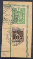 SHS 1919 Károly 20f és osztrák 5h bélyeg csomagszállító kivágáson, Bodor vizsgálójellel