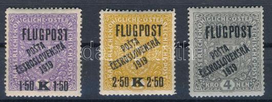 Csehszlovákia 1919 Légiposta felülnyomott sor Mi 71-73 garancia nélkül / no guarantee (Mi EUR 1.470.-)