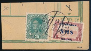SHS Horvátország 1919 Parlament 1K és osztrák 20h bélyeg csomagszállító kivágáson, Bodor vizsgálójellel