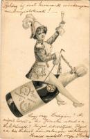1908 Prosit le nouvelle année! / New Year greeting art postcard, lady with champagne. litho (EK)