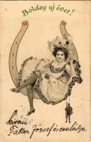 1903 Boldog Újévet! / New Year greeting art postcard, lady with horseshoe and chimney sweeper puppet. litho (lyukak / pinholes)