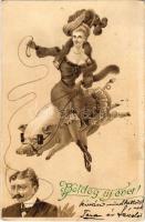 Boldog Újévet! / New Year greeting art postcard, lady riding on a pig, humour. litho (EK)