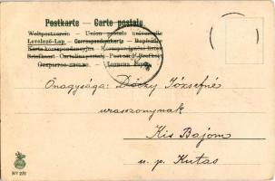 Boldog Újévet! / New Year greeting art postcard, lady riding on a pig, humour. litho (EK)