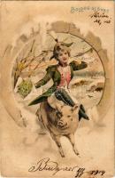 1904 Boldog Újévet! / New Year greeting art postcard, lady riding on a pig. Art Nouveau, litho s: Hegedűs Geiger R. (EK)