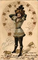 1909 Un bon nouvel an! / New Year greeting art postcard, lady with pigs. Art Nouveau, litho (EB)