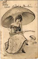1905 Boldog Újévet / New Year greeting art postcard, lady with mushrooms. litho (b)