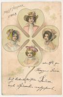 1903 Prosit Neujahr / New Year greeting art postcard, lady with clovers. Art Nouveau, litho (ázott / wet damage)