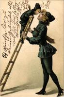 Boldog Újévet / New Year greeting art postcard, chimney sweeper lady with child. litho (fa)