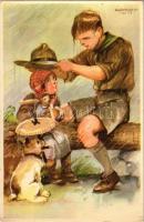 A cserkész másokkal szemben gyöngéd, magával szemben szigorú. Cserkész levelezőlapok kiadóhivatala, Klösz Coloroffset / Hungarian boy scout art postcard s: Márton L. (EK)