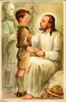 A cserkész feltétlenül igazat mond. Cserkész levelezőlapok kiadóhivatala, Klösz Coloroffset / Hungarian boy scout art postcard s: Márton L. (EK)