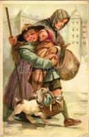 A cserkész ahol tud, segít. Cserkész levelezőlapok kiadóhivatala, Klösz Coloroffset / Hungarian boy scout art postcard s: Márton L. (EK)