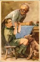 A cserkész feljebbvalóinak jószívvel engedelmeskedik. Cserkész levelezőlapok kiadóhivatala, Klösz Coloroffset / Hungarian boy scout art postcard s: Márton L. (EK)