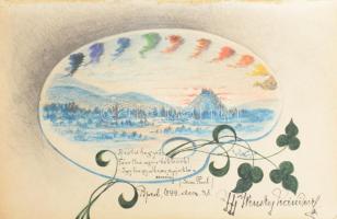 1894-1900 Régi emlékkönyv bejegyzésekkel, rajzokkal, benne egy szárított havasi gyopárt tartalmazó b...