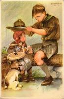 A cserkész másokkal szemben gyöngéd, magával szemben szigorú. Cserkész levelezőlapok kiadóhivatala, Klösz Coloroffset / Hungarian boy scout art postcard s: Márton L.