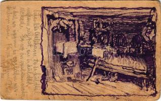 1916 Feldpostkarte / egyedi, kézzel rajzolt első világháborús tábori posta levelezőlap / WWI Austro-Hungarian K.u.k. military, hand-drawn military art postcard + "Tábori postahivatal 107" (kis szakadás / small tear)