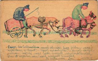 1916 Feldpostkarte / egyedi, kézzel rajzolt első világháborús tábori posta levelezőlap, vízhordó lovak / WWI Austro-Hungarian K.u.k. military, hand-drawn military art postcard + "Tábori postahivatal 107" (kis szakadás / small tear)