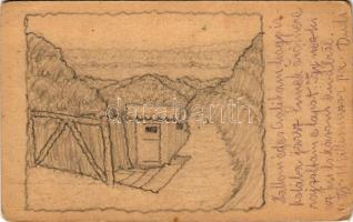 1916 Feldpostkarte / egyedi, kézzel rajzolt első világháborús tábori posta levelezőlap / WWI Austro-Hungarian K.u.k. military, hand-drawn military art postcard + "Tábori postahivatal 107" (kopott sarkak / worn corners)