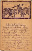 1916 Feldpostkarte / egyedi, kézzel rajzolt első világháborús tábori posta levelezőlap / WWI Austro-Hungarian K.u.k. military, hand-drawn military art postcard + "Tábori postahivatal 107" (EB)