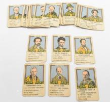 cca 1937 Magyar Pantheon irodalmi és művészeti kvartett kártyajáték 34 lapja (hiányos, eredetileg 48 lap), Pályi Jenő grafikáival illusztrálva, részben sérült lapokkal