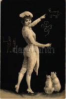 Boldog Újévet / New Year greeting art postcard, lady with pigs, clover and chimney sweeper drawing. litho (EK)