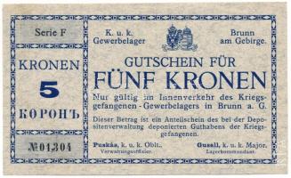 Ausztria / Brunn am Gebirge hadifogolytábor 1914-1918 k. 5k "KFA" perforációval T:AU folt Austria / Brunn am Gebirge POW camp 1914-1918. 5 Kronen with "KFA" perforation C:AU spotted