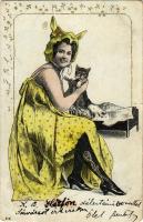 1900 Hölgy macskával / Lady with cat. litho (EB)