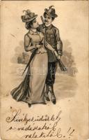 1902 Vadász és hölgy / Hunter and lady. Emb. litho (fl)