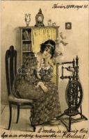 1900 Hölgy rokkával / Lady with spinning wheel. litho (EK)