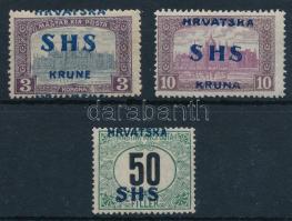 SHS 1918 Parlament 3K, 10K, Portó 50f közte elcsúszott felülnyomás, lemezhiba, Bodor vizsgálójellel (22.400)