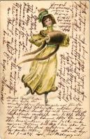 1903 Jégkorcsolyázó hölgy / Ice skating lady, winter sport. litho (EK)