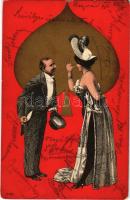 1900 Szerelmespár, "pikk" francia kártya / Romantic couple, "Spades" French-suited playing cards. Art Nouveau, litho (EK)