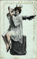 Angyalos üdvözlőlap / Christmas greeting art postcard with angel. litho (gyűrődés / crease)